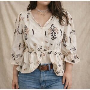Cato Embroidered Peplum Blouse S Boho Cottagecore Western Top